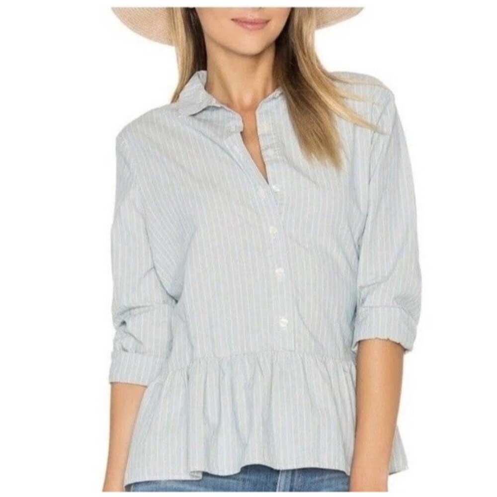 The Great. Button Down Cotton Striped Blouse 1/S Drop Ruffle Oxford Coastal